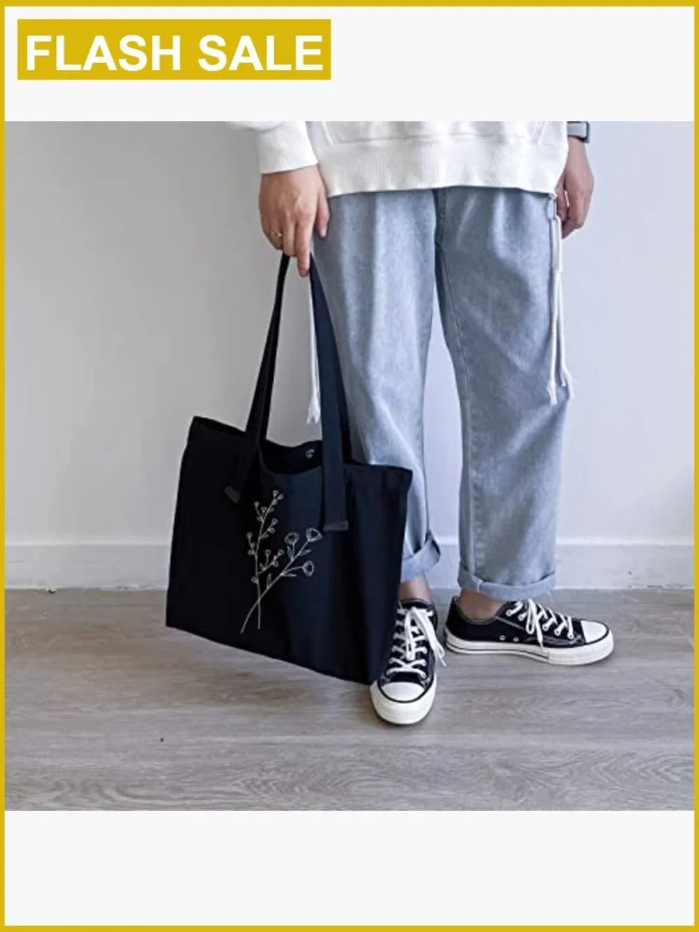 Canvas Tote Bag Floral Line Art Reusable Grocery Shopping Bag with Makeup Pouch